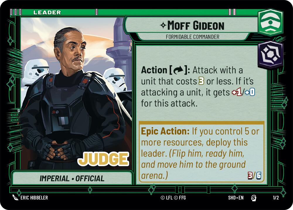 A trading card for the character Moff Gideon from Fantasy Flight Games. The 