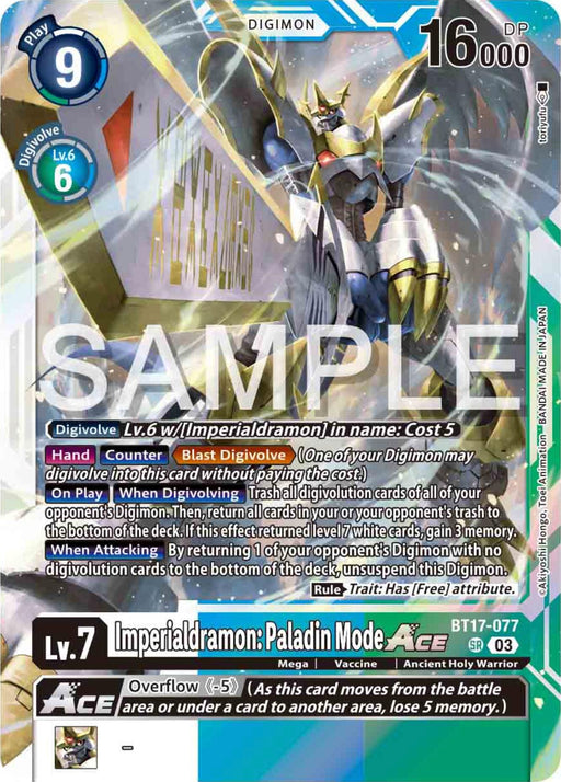 Image of a Super Rare Digimon trading card titled "Imperialdramon: Paladin Mode ACE [BT17-077] [Secret Crisis]." The card features a blue and white background with an illustration of a humanoid armored Digimon holding a sword. It is a Lv. 7 card with a play cost of 9, 16,000 DP, and specific abilities detailed on the card text. The product is part of the Digimon brand.