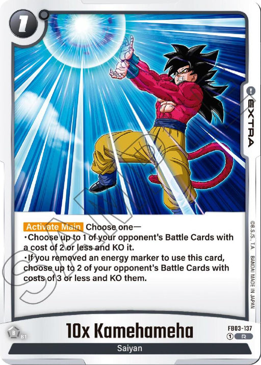 A rare card from Dragon Ball Super: Fusion World featuring an anime character in red and blue attire performing a powerful move. The card, named "10x Kamehameha [Raging Roar]," has a numbered 1 in the corner and various abilities and effects listed. Set against a blue and white background, it’s truly remarkable.