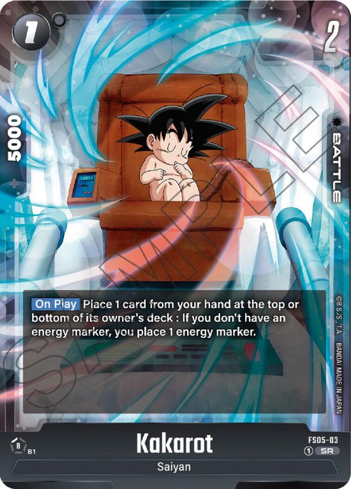 A Dragon Ball Super: Fusion World trading card from Starter Deck: Bardock features young Kakarot (Goku) in a Saiyan space pod, lying down with a peaceful expression. Titled "Kakarot," the card boasts stats of 5000 power, 2 cost, and 7 combo, with gameplay mechanics focused on energy markers.