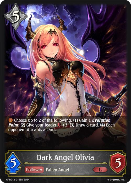 From the Gloryfinder Bundle, the Dark Angel Olivia trading card stands out with her vibrant pink hair, horns, and dark angelic wings. This Legendary Follower has impressive stats of 5 cost, 5 attack, and 5 defense. Her abilities allow you to gain Evolution Points or force your opponents to discard cards. The card is part of the Bushiroad collection under product code GFB01a-015EN.