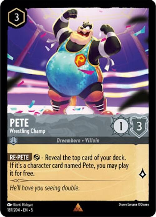 A rare trading card featuring "Pete - Wrestling Champ (187/204) [Shimmering Skies]" from Disney. Pete, a sizable anthropomorphic cat, sports a blue wrestling outfit adorned with a yellow "P" emblem, black gloves, a championship belt, and a silver crown. As a Dreamborn Villain with 1 strength and 3 willpower, his Re-Pete ability allows you to reveal the top card of your deck and play "Pete" for free if it matches the revealed card.