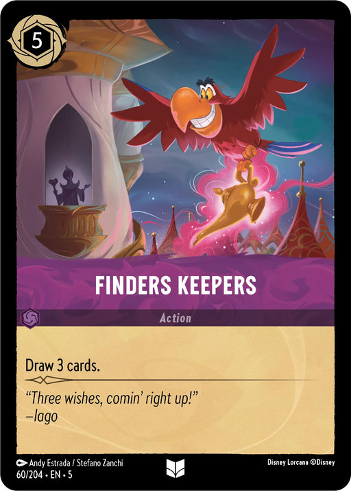 A card from Disney titled "Finders Keepers (60/204) [Shimmering Skies]." It features a red parrot with a mischievous expression flying above a palatial, fantastical cityscape under the shimmering skies, holding a golden lamp. The text reads: "Draw 3 cards." A quote below states: “Three wishes, comin’ right up!” – Iago.