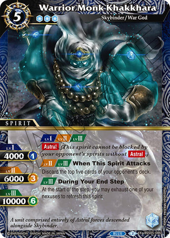 Image of a trading card featuring "Warrior Monk Khakkhara (BSS05-086) [Strangers in the Sky]" by Bandai. The card design includes text in various levels, stats like 4000 BP and 10000 BP, and abilities such as preventing blocks and discarding the opponent's deck. This X Rare Spirit Type card is primarily blue-themed and falls under "Skybinder/War God.