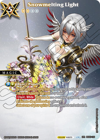 The Magic Card "Snowmelting Light (SPR) (BSS05-126) [Strangers in the Sky]" by Bandai features an anime-style angelic character with white hair, wings, and a glowing sword. The vibrant background showcases magical symbols, hinting at "Strangers in the Sky." This Special Rare card includes detailed game instructions and a yellow-white color indicator.