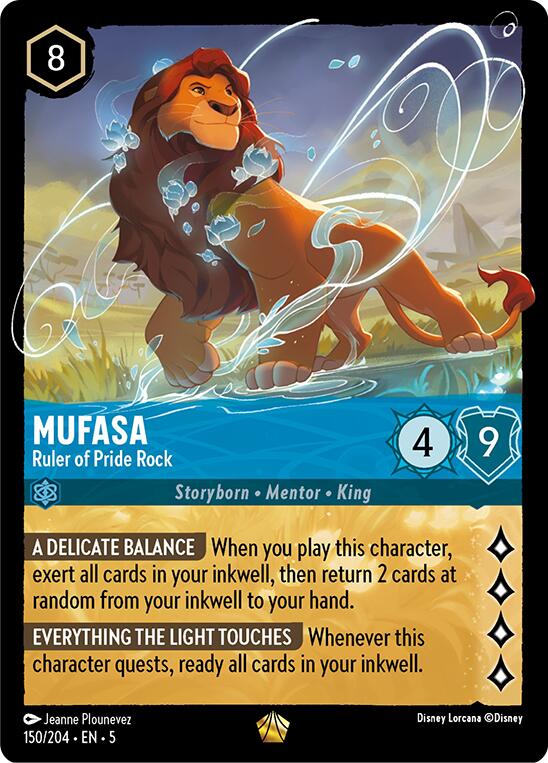 Introducing the Disney Lorcana trading card, Mufasa - Ruler of Pride Rock (150/204) [Shimmering Skies]. This legendary card features Mufasa majestically roaring with a vibrant magical aura. With a cost of 8, strength of 4, and willpower of 9, Mufasa also possesses the special abilities 