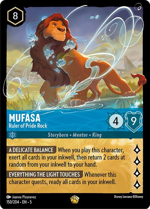 Introducing the Disney Lorcana trading card, Mufasa - Ruler of Pride Rock (150/204) [Shimmering Skies]. This legendary card features Mufasa majestically roaring with a vibrant magical aura. With a cost of 8, strength of 4, and willpower of 9, Mufasa also possesses the special abilities "A Delicate Balance" and "Everything the Light Touches.
