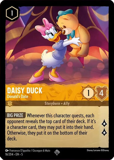 A Super Rare Disney playing card titled "Daisy Duck - Donald's Date (16/204) [Shimmering Skies]" shows Daisy Duck dancing with a brown teddy bear wearing a blue bow. The card costs 1 ink, has an attack value of 1, and a defense value of 4. Its ability, "Big Prize," details an effect involving quests and deck reveals.