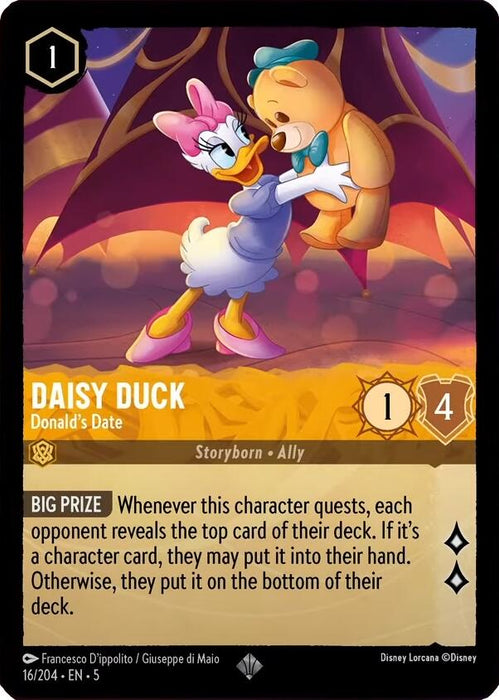 A Super Rare Disney playing card titled "Daisy Duck - Donald's Date (16/204) [Shimmering Skies]" shows Daisy Duck dancing with a brown teddy bear wearing a blue bow. The card costs 1 ink, has an attack value of 1, and a defense value of 4. Its ability, "Big Prize," details an effect involving quests and deck reveals.