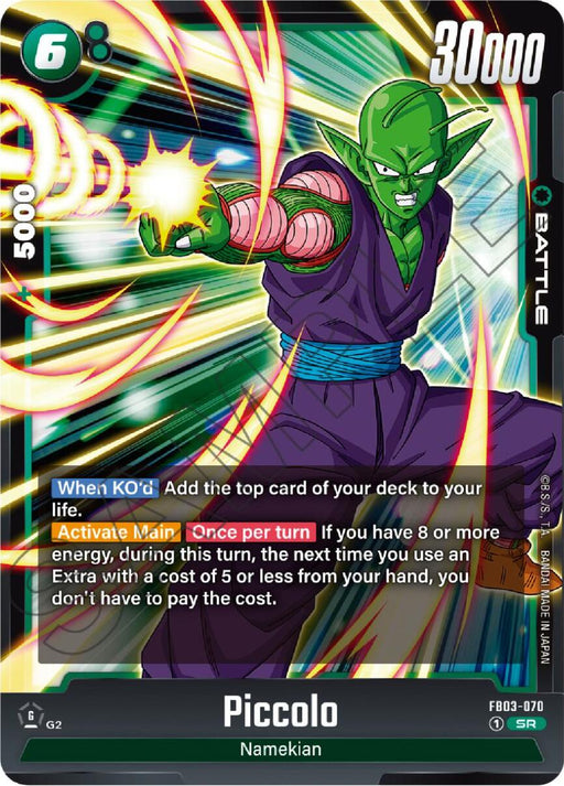 A Dragon Ball Super: Fusion World trading card featuring Piccolo (FB03-070) [Raging Roar], labeled as Super Rare, depicts him charging a green energy blast with enhanced visual effects. The card displays key stats: "6+" cost, "30000" power, and "5000" combo. Text includes abilities like "When KO'd" and "Activate Main". Type: Namekian.