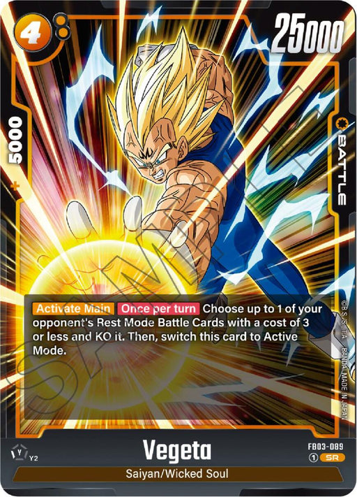 Introducing the Vegeta (FB03-089) [Raging Roar] card from Dragon Ball Super: Fusion World. This Super Rare card showcases Vegeta in his Super Saiyan form, characterized by his spiky blonde hair, bulging muscles, and an aura of energy surrounding him. The card features impressive stats: 25,000 Power and a 4 Energy cost. Below these stats, you’ll find text detailing his Raging Roar abilities.