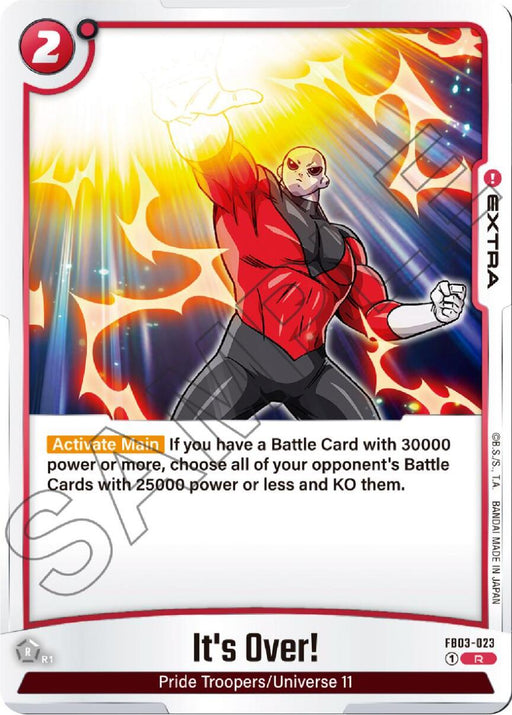 Dragon Ball Super: Fusion World trading card titled "It's Over! [Raging Roar]" from the series "Pride Troopers/Universe 11". This rare Battle Card features a muscular character in a red and black jumpsuit, posing with a clenched fist. Colorful, radiant energy beams emanate from the character, creating a dynamic background.