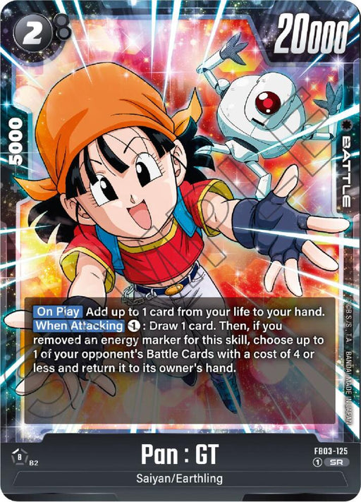 The "Pan: GT [Raging Roar]" card from Dragon Ball Super: Fusion World showcases the animated character, Pan, in vibrant red and yellow attire with a red bandana and gloves, accompanied by a small white robot. This Super Rare card boasts 2 energy, 20,000 power, and 5,000 combo points. Detailed abilities are displayed in blue and white text boxes.