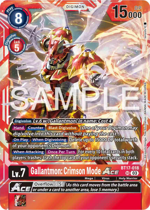 Image of a Super Rare Digimon trading card titled "Gallantmon: Crimson Mode ACE [BT17-018] [Secret Crisis]." The card depicts a red and gold armored Digimon with sharp features and a lance. It has a play cost of 8, Digivolution cost of 4, and boasts 15000 DP. Its abilities are prominently displayed alongside an "ACE" designation.