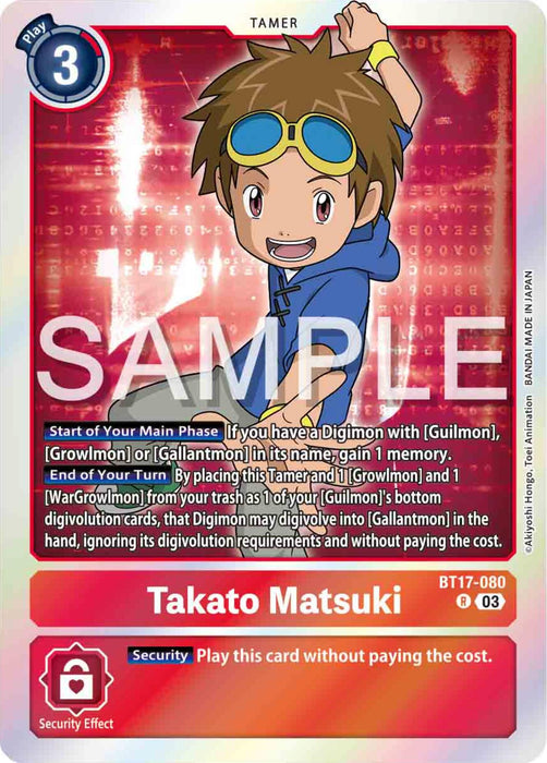 Here's a revised sentence using the provided product data:

A Digimon card named Takato Matsuki [BT17-080] [Secret Crisis], featuring the Tamer with light brown hair in goggles, a blue shirt, and khaki shorts. The card has a play cost of 3 and includes effects like gaining memory with specific Digimon and playing Guilmon/growth cards. The red background showcases a "SAMPLE" watermark and hints at Gallantmon.