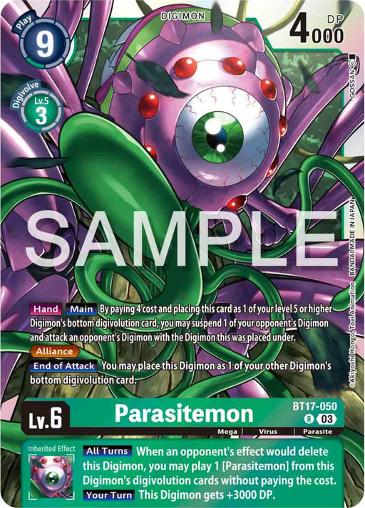 The Parasitemon [BT17-050] [Infernal Ascension] Digimon card showcases a purple and green parasite-type creature with a prominent central eye and several tentacle-like appendages. This Level 6 card has a Play Cost of 9 and DP of 4000. It boasts powerful Main and End of Attack effects, along with an inherited effect that allows summoning without cost.