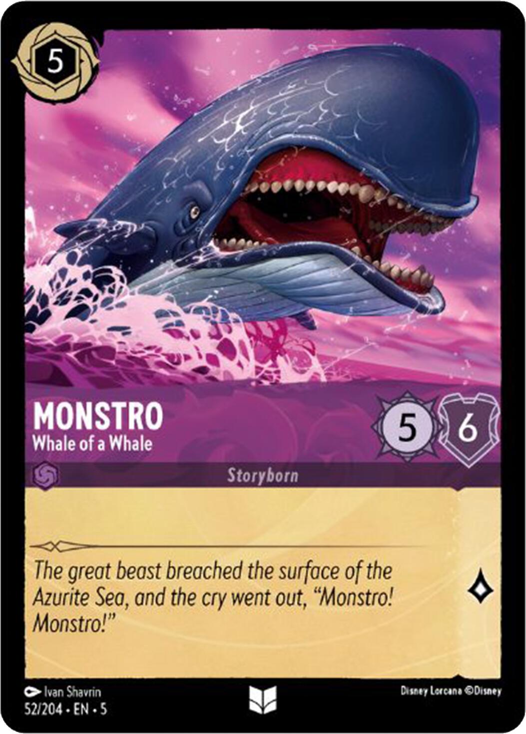 A Disney fantasy card showcases an illustration of a gigantic, menacing whale emerging from pink ocean waters. The whale's open mouth reveals sharp teeth. The card is titled “Monstro - Whale of a Whale (52/204) [Shimmering Skies]” and has stats 5/6. A description below reads, 