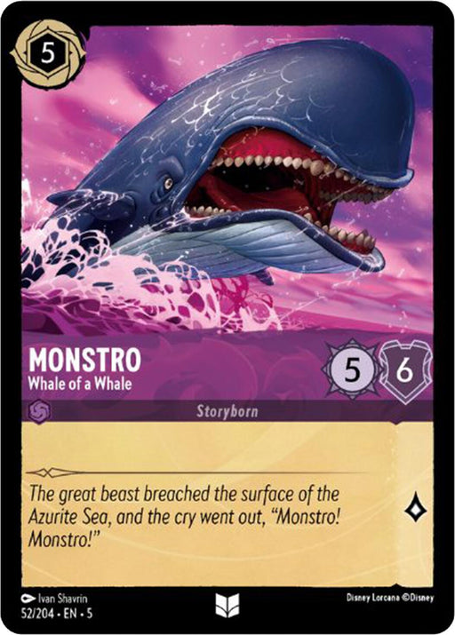 A Disney fantasy card showcases an illustration of a gigantic, menacing whale emerging from pink ocean waters. The whale's open mouth reveals sharp teeth. The card is titled “Monstro - Whale of a Whale (52/204) [Shimmering Skies]” and has stats 5/6. A description below reads, "The great beast breached the surface of the Azurite Sea under Shimmering Skies, and the cry went.