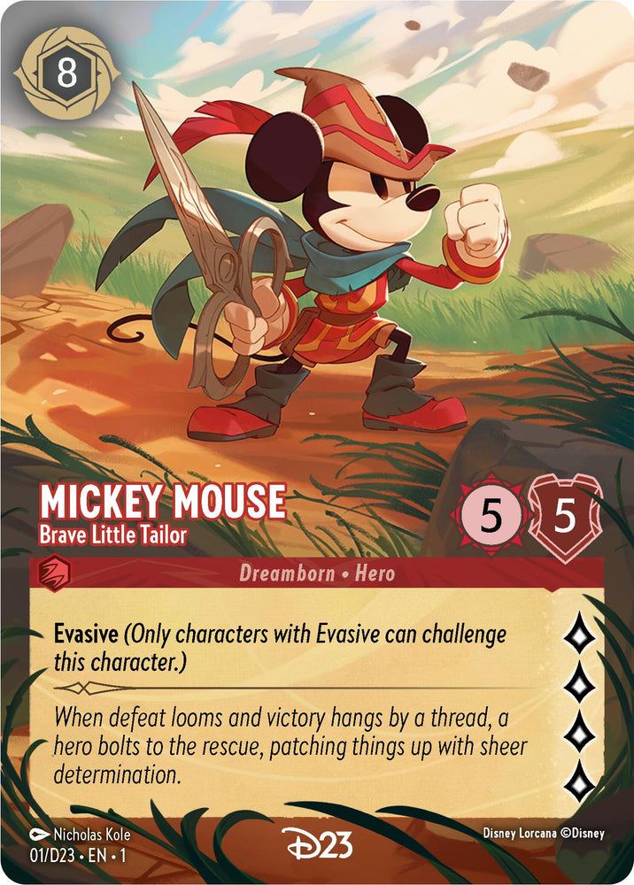 The "Mickey Mouse - Brave Little Tailor (Extended Art) (1) [D23 Promos]" trading card from Disney portrays Mickey Mouse in a red and yellow outfit, wielding a large needle like a sword. Boasting 5 attack and 5 defense points, this card features the Evasive ability. The imagery presents Mickey against a background of grassy, hilly landscapes.