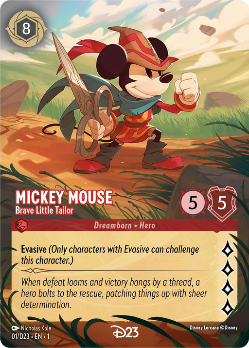 The "Mickey Mouse - Brave Little Tailor (Extended Art) (1) [D23 Promos]" trading card from Disney portrays Mickey Mouse in a red and yellow outfit, wielding a large needle like a sword. Boasting 5 attack and 5 defense points, this card features the Evasive ability. The imagery presents Mickey against a background of grassy, hilly landscapes.