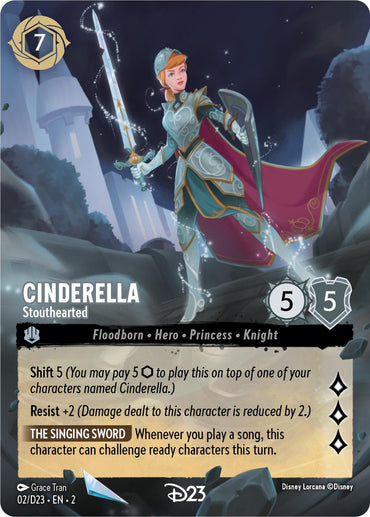 This Disney trading card, 'Cinderella - Stouthearted (2) [D23 Promos],' features Cinderella in a fantasy setting, confidently wielding a sword and shield. Clad in armor over her princess attire, she is ready for battle. Scheduled for release on 2024-08-09, the card's stats include:

- Cost: 7
- Strength/Willpower: 5/5
- Shift 5 ability
- Resist +2 ability

The 'Singing Sword' effect on the card allows her to challenge ready characters.