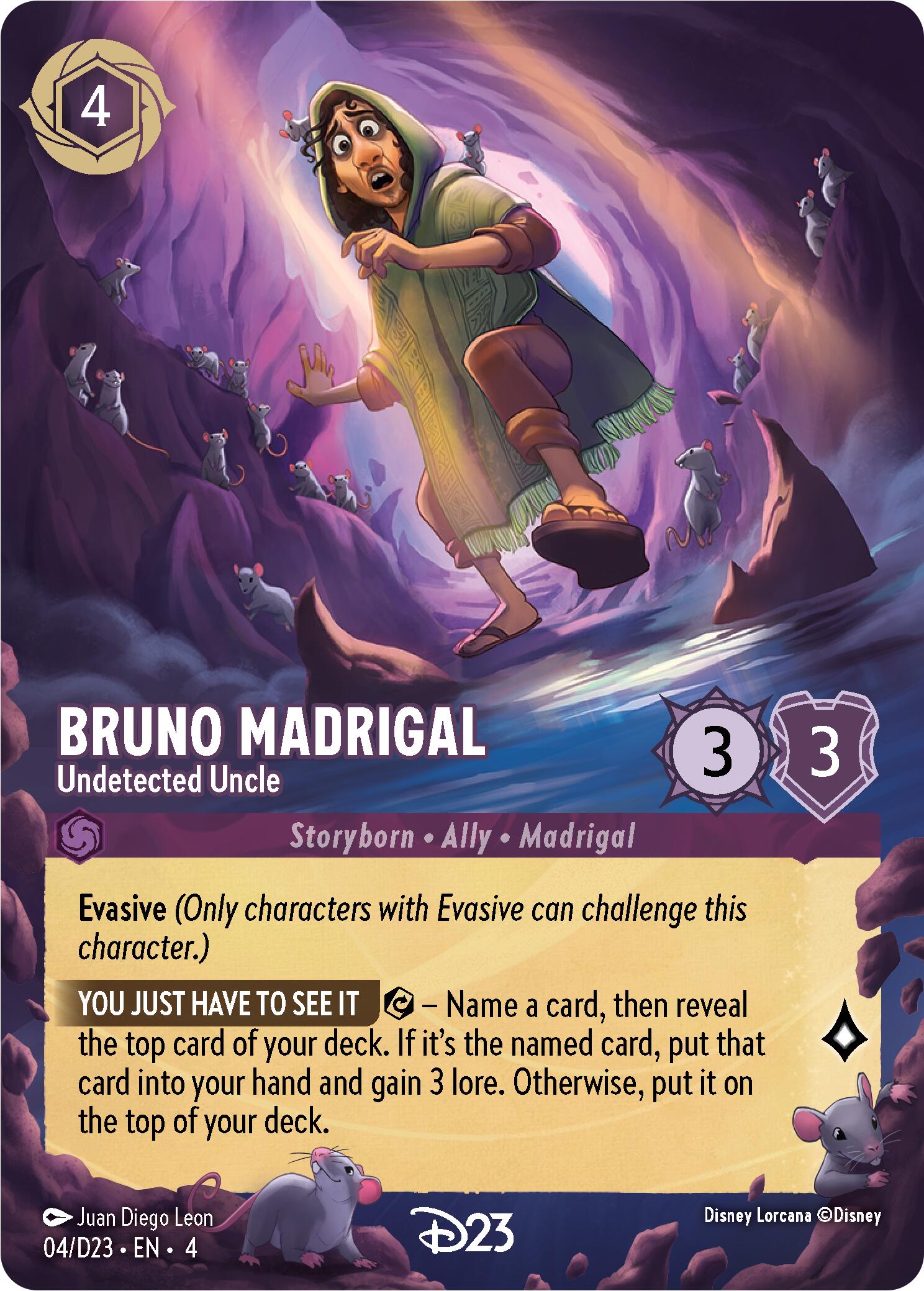 A Disney Lorcana trading card from the D23 Promos collection features Bruno Madrigal, titled 