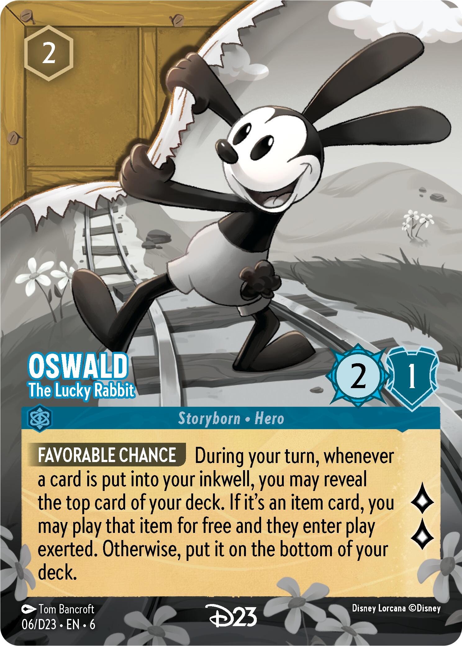 Oswald - The Lucky Rabbit (6) [D23 Promos] from Disney features Oswald standing on train tracks and holding a wrench, with a wide smile on his face. The card text describes his 