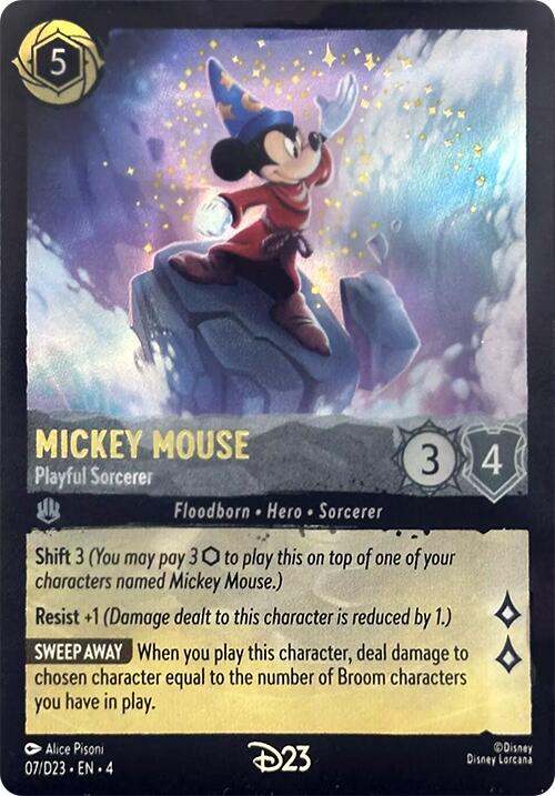 A Disney Mickey Mouse - Playful Sorcerer (7) [D23 Promos] trading card showcases Mickey in a sorcerer's outfit, standing on a rocky platform surrounded by glowing stars. This exclusive D23 Promos card features stats and abilities such as Shift 3, Resist +1, and Sweep Away. The card is illustrated by Alice Pisani.