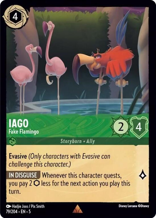 The Disney card "Iago - Fake Flamingo (79/204) [Shimmering Skies]" from the Lorcana trading card game portrays Iago dressed as a flamingo with two real flamingos among reeds in the background. This rare card features a green gem, an Evasive attribute, 2 power, 4 defense, and the 'In Disguise' ability.