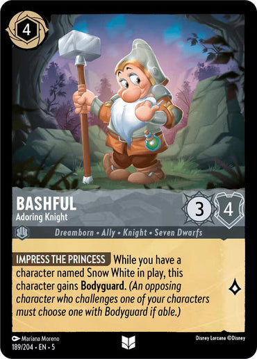 A trading card named "Bashful - Adoring Knight (189/204) [Shimmering Skies]" by Disney, featuring Bashful from the Seven Dwarfs holding an oversized hammer and wearing a helmet, standing under shimmering skies in a forest setting. The card details his stats and special ability called "Impress the Princess.