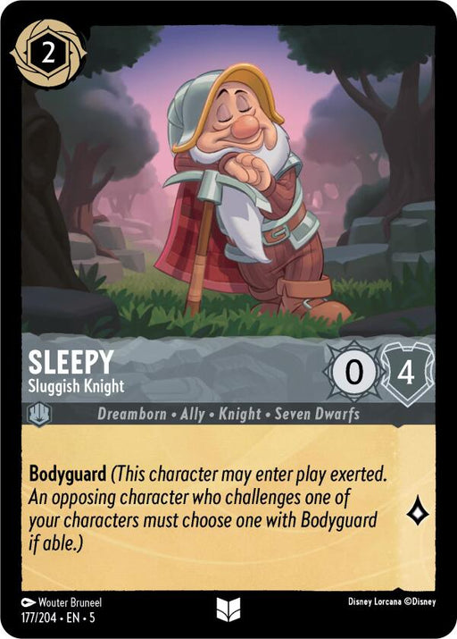 The digital card titled "Sleepy - Sluggish Knight (177/204) [Shimmering Skies]" from Disney features Sleepy, a character dressed in a purple hat, orange tunic, and brown shoes, leaning on a crutch. This card has a cost of 2, strength of 0, willpower of 4, and showcases the "Body.