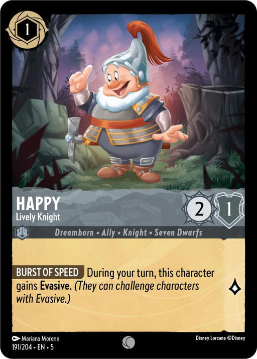 A Disney Lorcana trading card titled "Happy - Lively Knight" from the Shimmering Skies set, featuring Happy from Snow White. The card costs 1 ink and showcases stats of 2 attack and 1 defense points. With the special ability "Burst of Speed," it grants Evasive during your turn. This is card number 191/204, illustrated by artist Mariana Moreno.