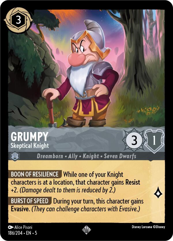 A Super Rare trading card featuring "Grumpy - Skeptical Knight (186/204) [Shimmering Skies]" from Disney. The bearded character is clad in medieval armor and a pointed helmet, standing defiantly with a sword and shield. The card displays stats, abilities, and descriptive text along with artwork of a magical forest background.