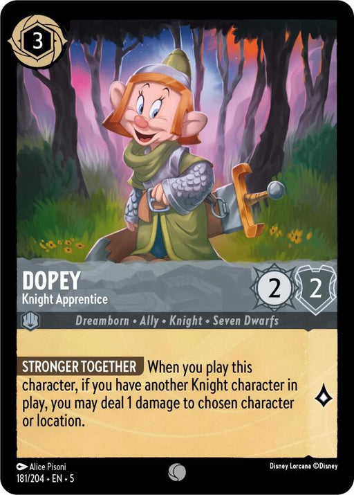 A Disney Lorcana trading card titled "Dopey - Knight Apprentice (186/204) [Shimmering Skies]" shows Dopey in a woodland area, armored and holding a sword. The card features 2 attack and 2 defense stats, along with the special ability "Stronger Together," which deals 1 damage if another knight is in play.