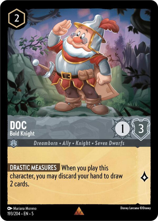 A playing card from the Disney Shimmering Skies collection features "Doc - Bold Knight (193/204)," an armored dwarf with a white beard, rosy cheeks, and glasses. He wears a helmet with a red plume, a brown belt with a knife, brown boots, and a tan cape. The text reads: "DOC - Bold Knight. Drastic Measures: When you play this character, you may discard your hand to draw 2.
