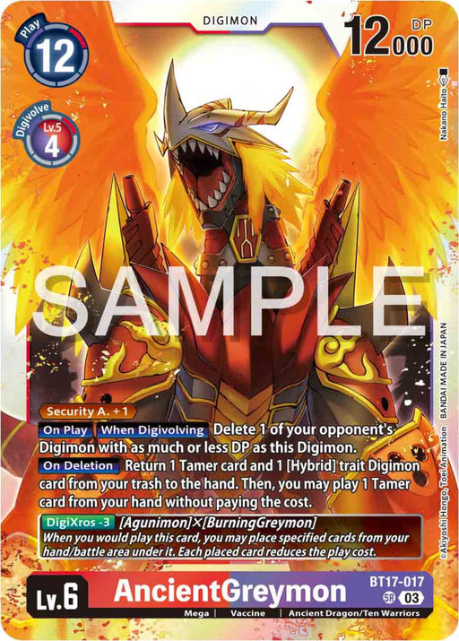 Introducing the Digimon trading card AncientGreymon [BT17-017] from the Secret Crisis series. This Super Rare card, boasting a play cost of 12, 12,000 DP, and level 6, features a fiery, armored creature with sharp claws and a dragon-like appearance. The card is marked "SAMPLE" and includes detailed abilities and effects characteristic of the Secret Crisis series.