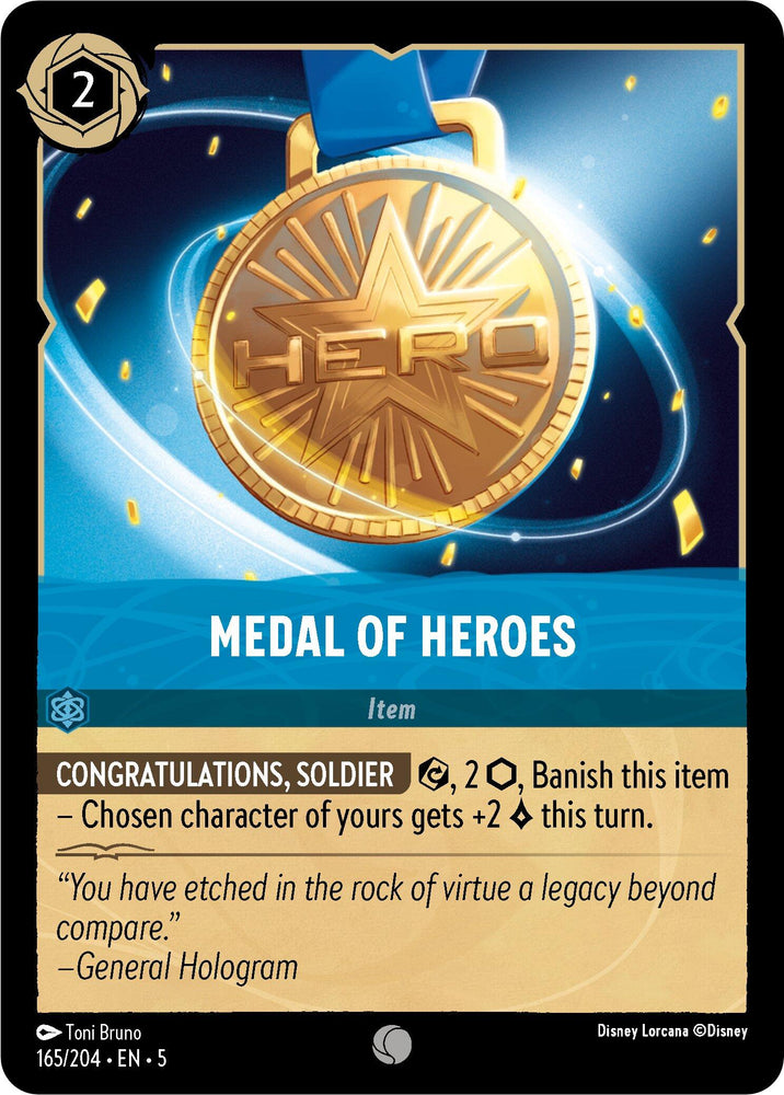 The "Medal of Heroes" trading card from Disney's Shimmering Skies collection (165/204) showcases an image of a golden medal inscribed with the word "Hero," hanging from a blue ribbon. Priced at 2, its abilities boost a character's strength by +2 and banish the item. The card also features a quote from General Hologram.