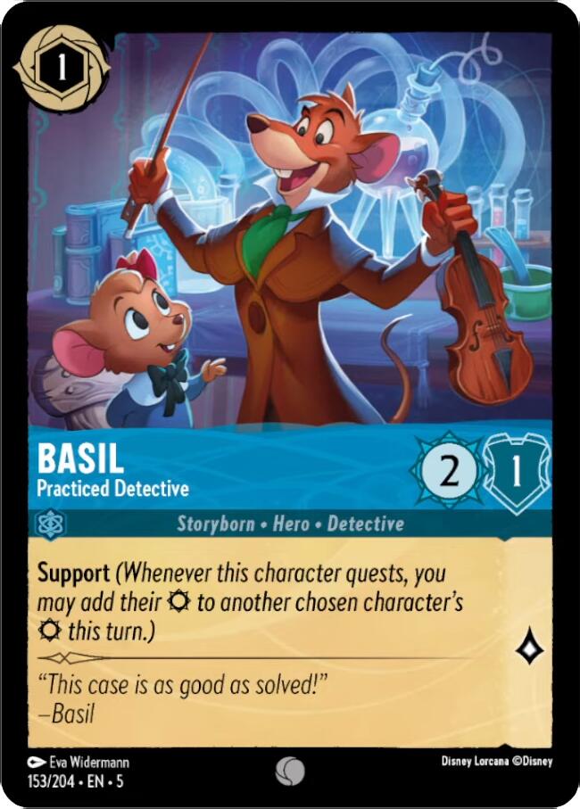 A Disney Lorcana trading card featuring Basil, Practiced Detective (153/204) [Shimmering Skies]. Basil, a dapper mouse in a green coat, holds a full-size violin and is surrounded by laboratory equipment. A smaller mouse in a yellow coat looks up at him admiringly in support. The card includes the character's stats and abilities.