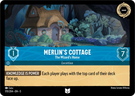 A card from the Disney Lorcana game, titled "Merlin's Cottage - The Wizard's Home (170/204) [Shimmering Skies]," is an uncommon rarity card with a 1/7 stat. It introduces the rule "Knowledge is Power: Each player plays with the top card of their deck face up." The illustration on the card showcases an enchanted cottage with a whimsical design set in a mystical forest.