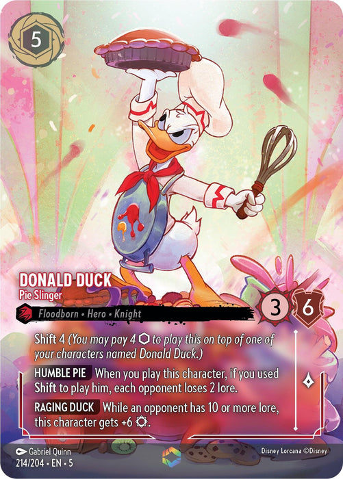 In the Disney Lorcana series under the Shimmering Skies collection, there is an enchanting card named "Donald Duck - Pie Slinger (Enchanted) (214/204)." It showcases Donald Duck dressed as a chef, clutching a pie and a spatula. This card comes with attributes of 5 cost, 3 strength, and 6 willpower. Featuring abilities such as Shift 4, Humble Pie, and Raging Duck—this captivating addition is sure to delight fans.