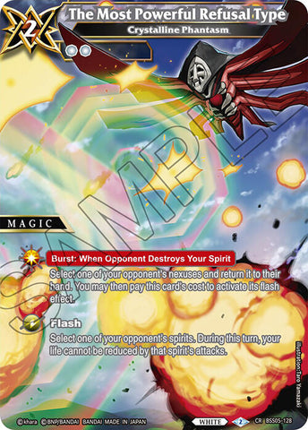 The image depicts a trading card titled "The Most Powerful Refusal Type - Crystalline Phantasm (BSS05-128) [Strangers in the Sky]" by Bandai. It shows a dark-cloaked, skull-faced figure wielding a green energy scythe amidst a colorful, swirling background. Text details include Burst and Flash abilities along with other card game mechanics. This Magic Card has "Sample" overlaid.