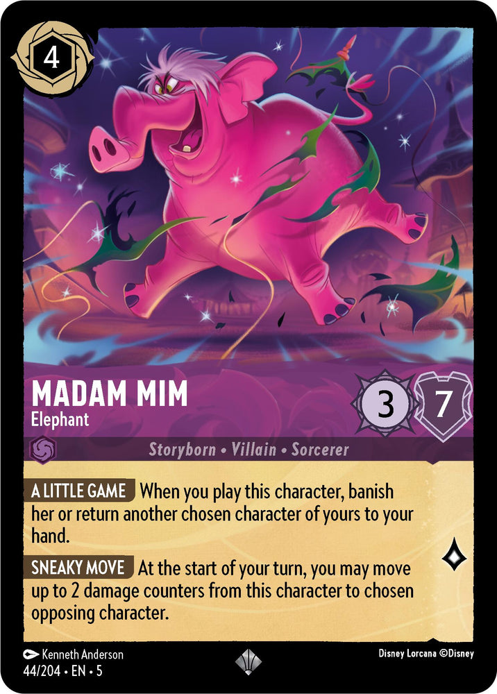 A Disney Lorcana trading card titled "Madam Mim - Elephant (44/204) [Shimmering Skies]," features an elephant character with pink skin and a mischievous expression. This Super Rare card, from the Shimmering Skies series, costs 4 ink and has 3 attack and 7 defense. It boasts abilities like "A Little Game" and "Sneaky Move" along with attributes such as Storyborn, Villain, and Sorcerer.
