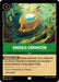 A Disney Lorcana card titled "Emerald Chromicon (100/204) [Shimmering Skies]" showcases vibrant artwork of a mystical emerald emblem amidst swirling green and yellow leaves. The 3-cost card includes the text: "Emerald Light: During opponents’ turns, whenever one of your characters is banished, you may return the chosen character to their player’s hand." The flavor text reads: “'Trust.”