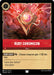 A rectangular card from the Disney Lorcana game, specifically from the Shimmering Skies series, featuring the item "Ruby Chromicon" (134/204). The card has a cost of 1 listed at the top left. In the center, it showcases a red and gold angular gem emanating bolts of energy. The text reads: "Ruby Light – Chosen character gets +1 this turn." Below that, you'll find the flavor text: “Leave fear behind.” This is an uncommon rarity gem that collectors will be eager to find upon release.