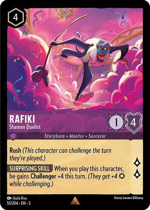 The Disney Lorcana trading card, Rafiki – Shaman Duelist (55/204) [Shimmering Skies], costs 4 ink and is classified as Rare. It boasts 1 attack and 4 defense, featuring the abilities Rush and Surprising Skill. The artwork depicts Rafiki in a dynamic pose set against a colorful, mystical background under Shimmering Skies.