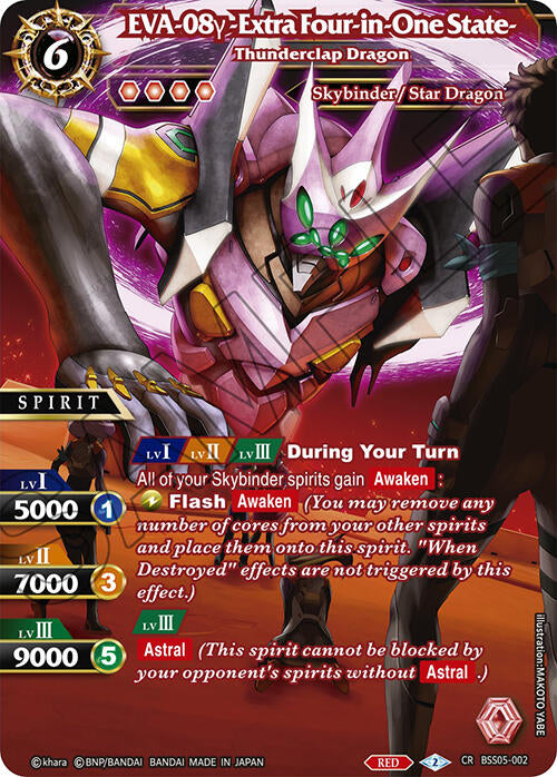 Image depicting a trading card from the game Battle Spirits. The card is named "EVA-08y Extra Four-in-One State, Thunderclap Dragon (BSS05-002) [Strangers in the Sky]" by Bandai, and shows a robotic dragon with pink and green accents. This Collaboration Rare card is mainly red, features stats and special abilities, and has a level system.