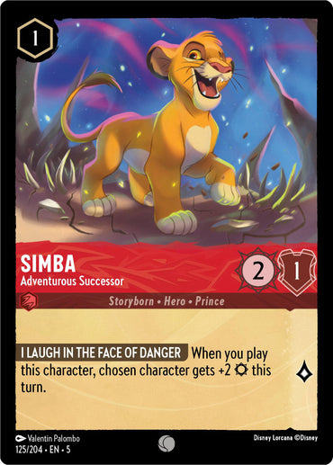 A vibrant Disney Lorcana trading card titled "Simba - Adventurous Successor (125/204) [Shimmering Skies]" showcases young Simba with a playful expression. He stands proudly on a rock amidst a lush jungle backdrop. The card reads: "SIMBA - Adventurous Successor." As a Hero and Prince, he boasts 2 Attack and 1 Defense with the special ability: "I LAUGH IN THE FACE OF DANGER.