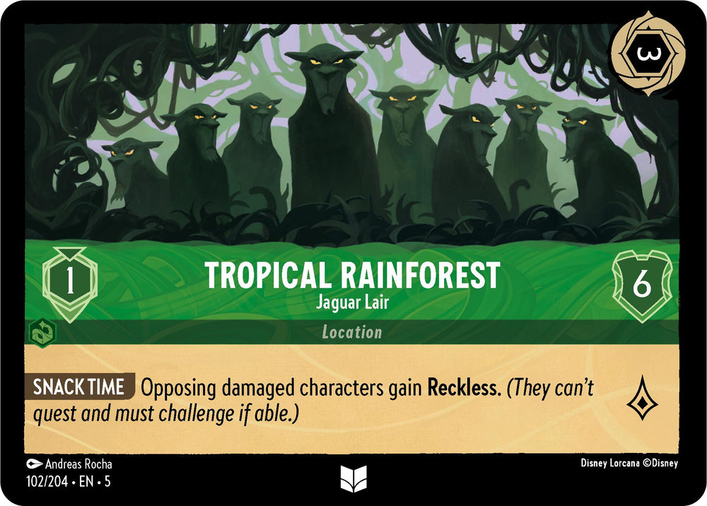 A card from the Disney Lorcana collectible card game is titled "Tropical Rainforest - Jaguar Lair (102/204) [Shimmering Skies]." The card features dark green jaguar humanoids with glowing yellow eyes amidst verdant foliage. It has a 1 cost ink and 6 defense. The text reads: "Opposing damaged characters gain Reckless. (They can't quest and must challenge if able.).