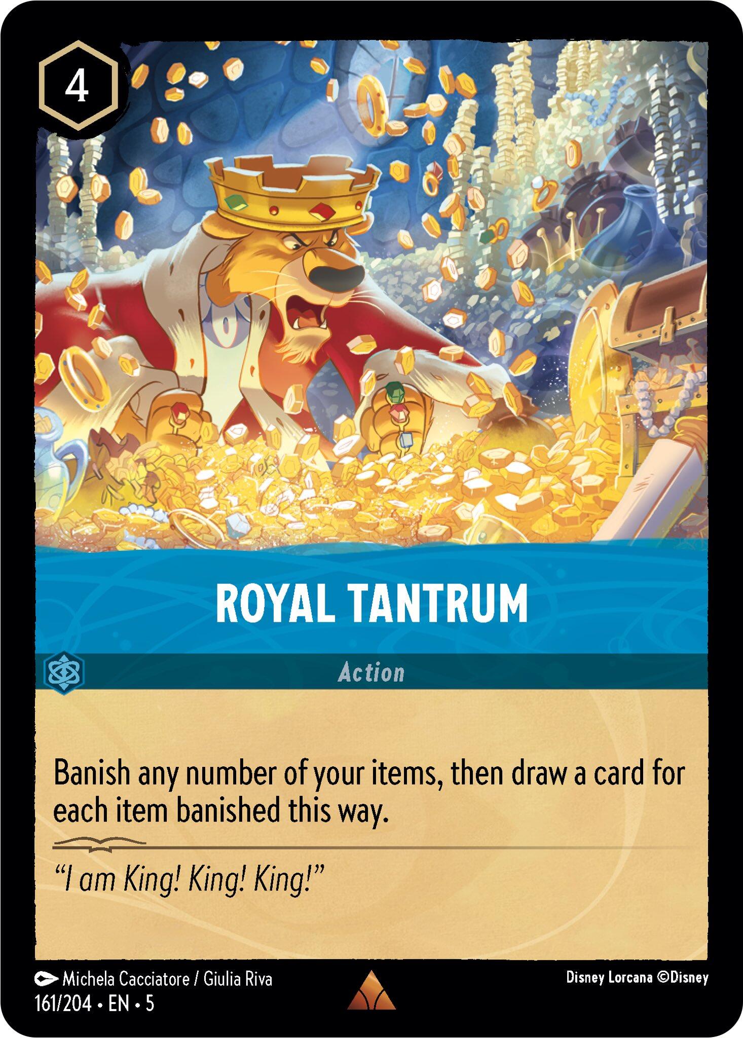 The Disney Royal Tantrum (161/204) card from the Shimmering Skies set depicts a regal lion with a mane and golden crown, lying on an enormous pile of gold coins and looking frustrated. The card's action text reads: 