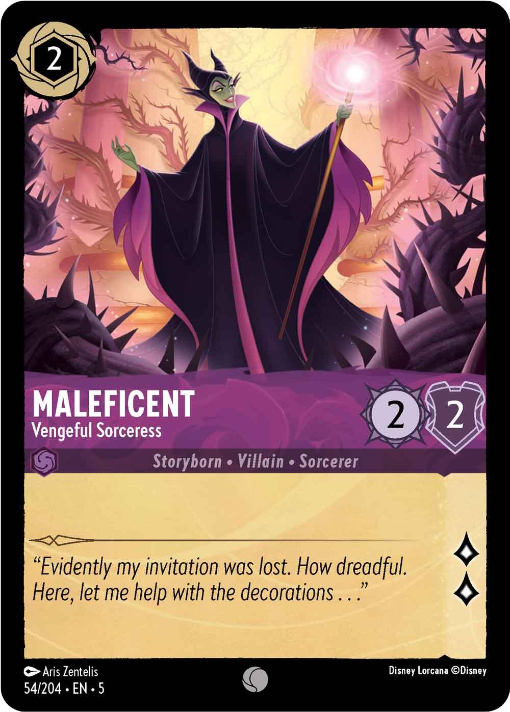 A Disney Lorcana trading card titled Maleficent - Vengeful Sorceress (54/204) [Shimmering Skies] features an illustration of Maleficent adorned in her iconic horns and robe, standing menacingly among thorny vines under shimmering skies. The card details include a cost of 2, attack and defense stats of 2/2, and flavor text starting with 